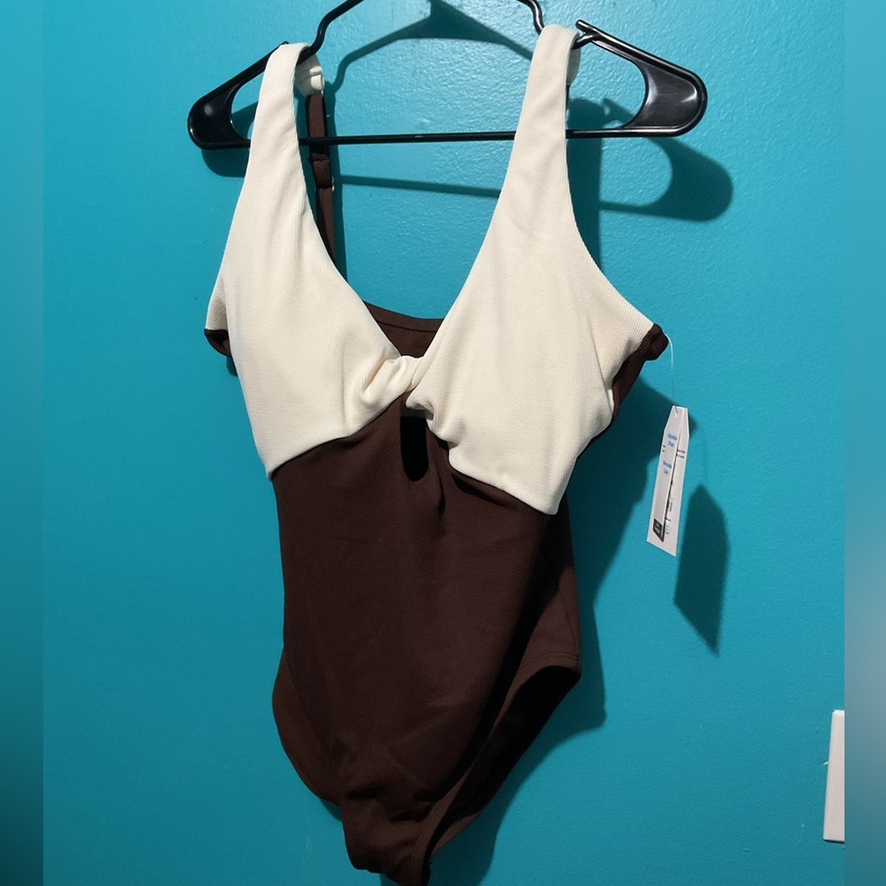 Two-Tone Brown and Cream Twist Front One-Piece Swimsuit